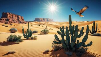 Soaring Hawk Over Desert Landscape with Cacti and Distant Mesa photo