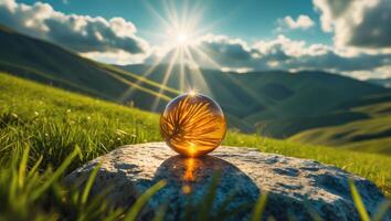 Glass Sphere Reflecting Sunny Landscape on Rock in Grassy Field photo