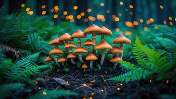 Group of Mushrooms Growing Among Ferns in Magical Forest Setting photo