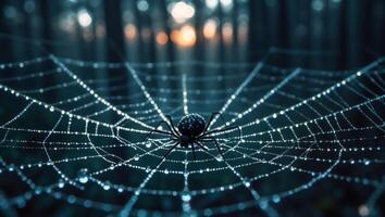 Spider on Dew Covered Web in Forest with Bokeh Background photo