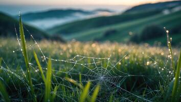 Dew Covered Spiderweb in Field with Rolling Hills at Dawn photo