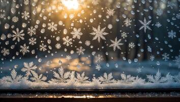 Snowflakes Forming on Window Glass with Bright Sunlight Streaming Through photo
