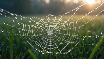 Spiderweb Covered in Dew Drops Sparkling in Morning Sunlight on Grass photo