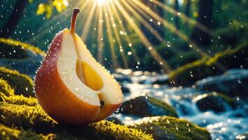 Sliced Pear with Water Droplets in Sunny Forest by Stream photo