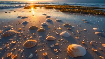 Seashells Scattered on Sandy Beach at Sunset with Gentle Ocean Waves photo