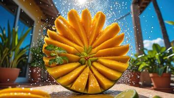 Slices of Ripe Mango with Splashing Water and Outdoor Setting photo