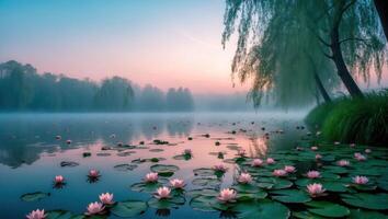 Water Lily Pond at Dawn with Mist and Tree Reflections photo
