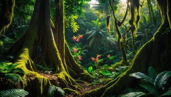 Lush Rainforest Trail with Tropical Flowers and Moss Covered Trees photo