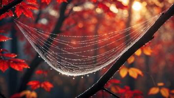 Spiderweb with Dewdrops on a Branch with Autumn Leaves photo
