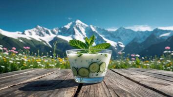 Cucumber Yogurt Dessert with Mint and Snowy Mountains Backdrop photo