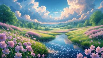 Flowing Stream Through Flower Meadow Under a Bright Blue Cloudy Sky photo