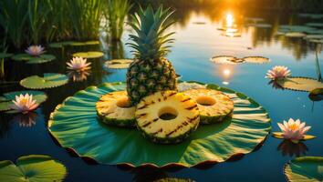 Pineapple and Grilled Slices on Lily Pad Floating in Water at Sunset photo