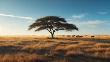 Lonely Tree Standing in African Savannah at Sunrise with Grazing Animals photo