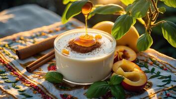 Honey Drizzling Onto Yogurt Dessert with Peach and Cinnamon Sticks photo