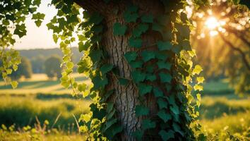 Tree Trunk Covered in Ivy with Sunlight Filtering Through Foliage photo