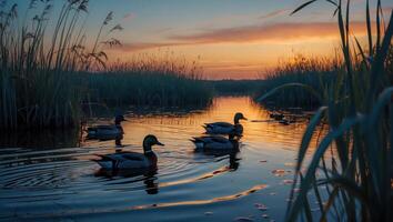 Ducks Swimming on Calm River During Golden Hour with Tall Grass photo