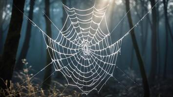 Spiderweb in Forest with Morning Dew and Sunlight Shining Through photo