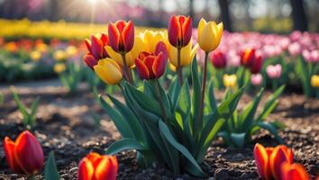 Blooming Tulips in Garden with Sunlight Beautiful Spring Time Scene photo