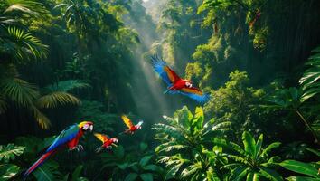 Macaw Parrots Flying Through Tropical Rainforest with Sunbeams photo