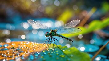 Dragonfly Resting on Wet Leaf with Bokeh Background in Nature photo