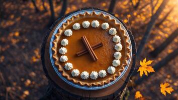 Pumpkin Pie with Cream Topping and Cinnamon Sticks on Wood photo