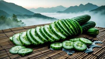 Fresh Cucumber Slices Displayed on Bamboo Mat with Mountain Backdrop photo