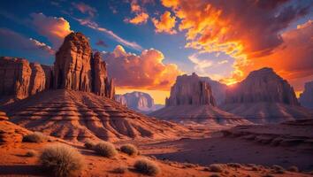 Desert Rock Formations Landscape with Vivid Sunset Sky at Dusk photo