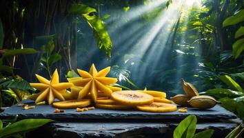 Star Fruit Slices on Slate in a Tropical Jungle Setting photo