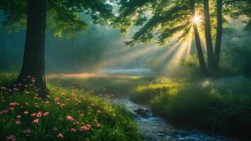 Stream Flowing Through Forest with Flowers and Sun Rays photo