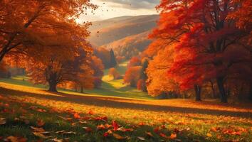Scenic Autumn Landscape with Colorful Trees and Falling Leaves photo
