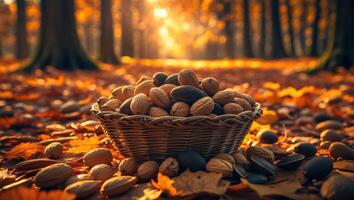 Basket of Nuts in Autumn Forest with Fall Leaves and Sunlight photo