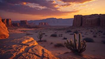 Exploring Desert Landscape with Cactus and Rock Formations During Sunset photo