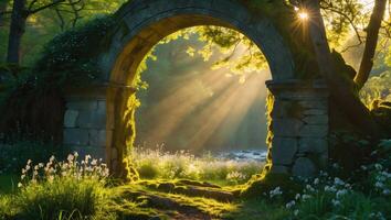 Sun Rays Shining Through Ancient Stone Archway in Lush Green Forest photo