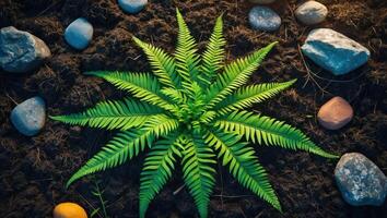 Growing Fern Plant Surrounded by Smooth Stones on Dark Soil photo