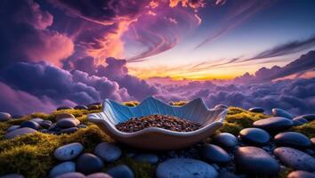 Grains in Leaf Shaped Bowl Against Colorful Cloudscape Background photo