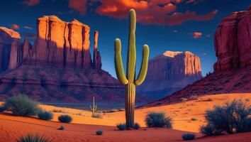 Cactus Standing in Desert Landscape with Red Rock Formations Under Sky photo