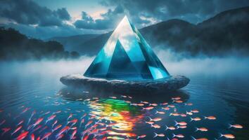 Crystal Pyramid Rising From Lake with School of Fish Around photo