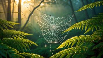 Spiderweb with Dew Drops Hanging in Forest with Sunlight photo