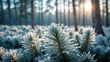 Frosty Pine Branches Glisten in Winter Sunlight Within Misty Forest photo