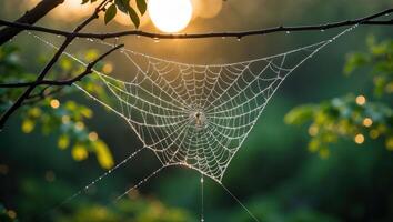 Spiderweb Covered in Dew Hangs From a Branch in the Forest photo