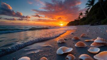 Seashells on Sandy Beach at Sunset with Vibrant Sky and Ocean Waves photo