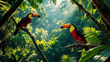Toucan Birds Perched in Lush Rainforest Setting with Sunlight photo