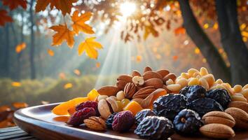 Assorted Nuts and Dried Fruits on Wooden Plate in Autumn Setting photo