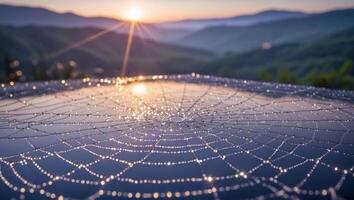 Spiderweb Covered in Dew Drops with Mountain Sunrise in Background photo