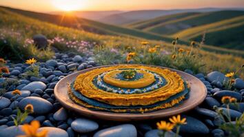 Stack of Colorful Crepes Served Outdoors with Beautiful Sunset Backdrop photo