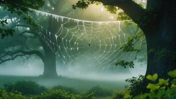 Spiderweb Covered in Dew in a Misty Forest at Sunrise photo