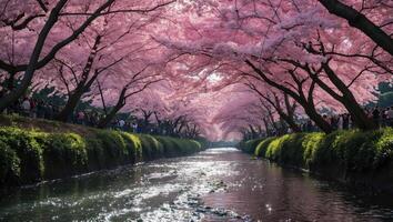 Blossoming Cherry Trees Canopy Over Flowing River in Spring photo