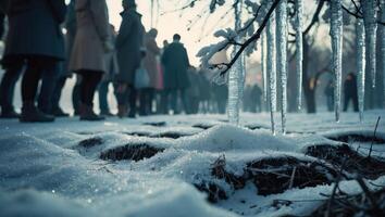 People Walking in Snow with Icicles Hanging From Branches in Winter photo