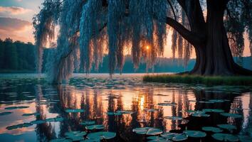 Willow Tree Reflected in Calm Lake at Sunset with Lily Pads photo
