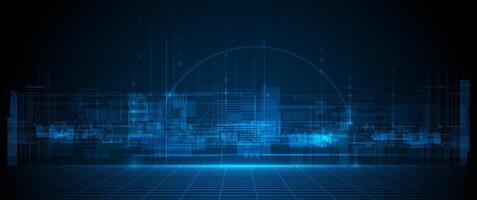 Illustration architecture, cityscape with cyber space, neon light. Modern hi-tech,futuristic technology concept. Abstract digital city, innovation design for background vector